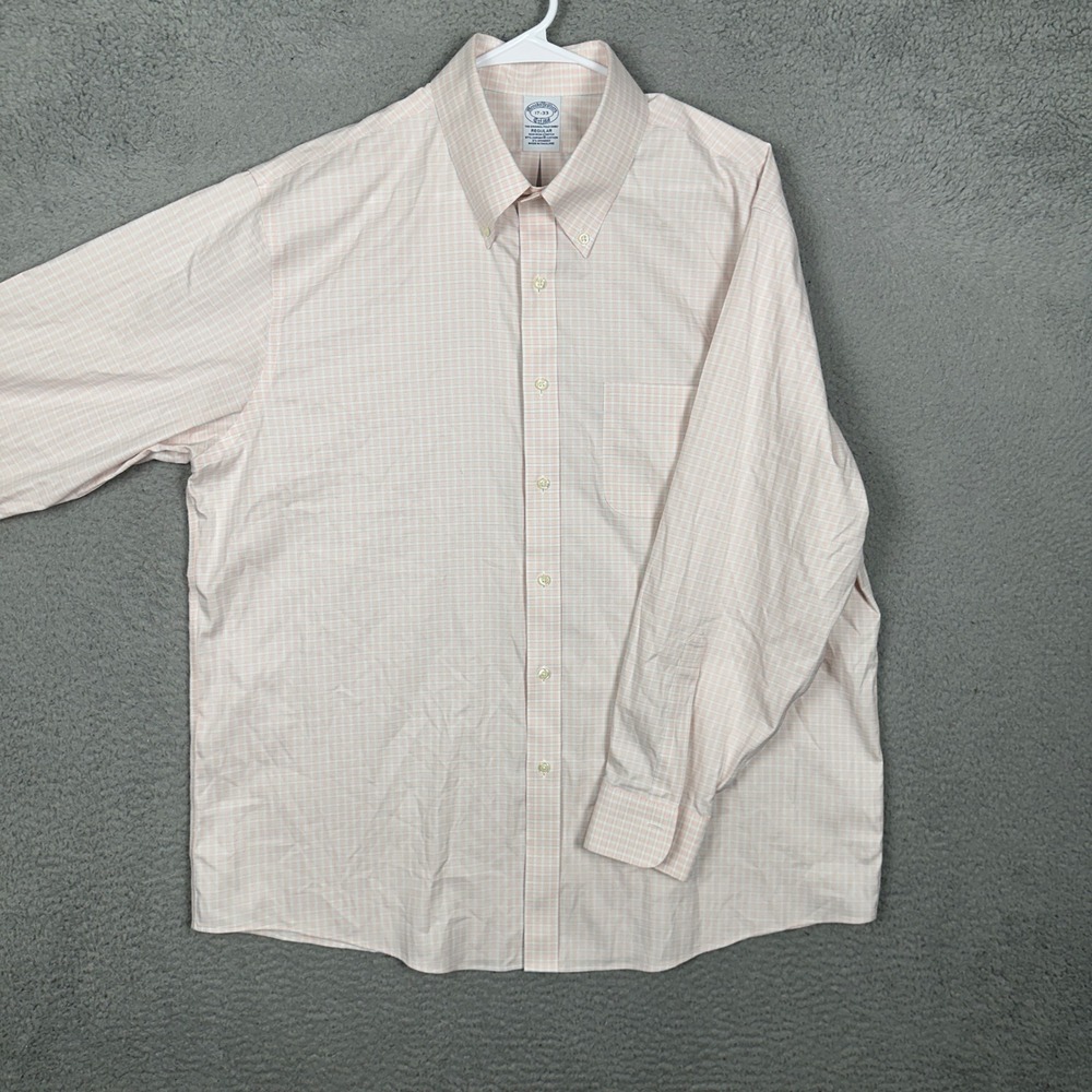 Brooks Brothers Dress Shirt Mens 17-33 Regular Peach Check Button Up Stretch EUC